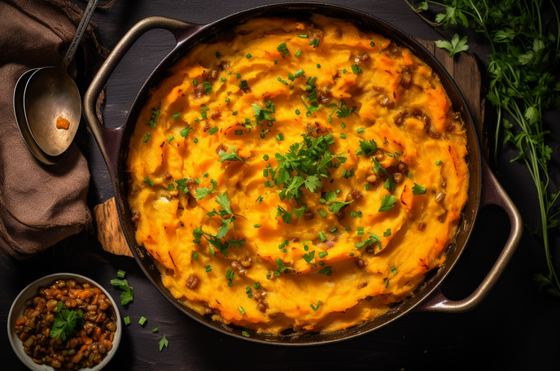 Creamy Coconut Curry Shepherd's Pie With Mashed Sweet Potato