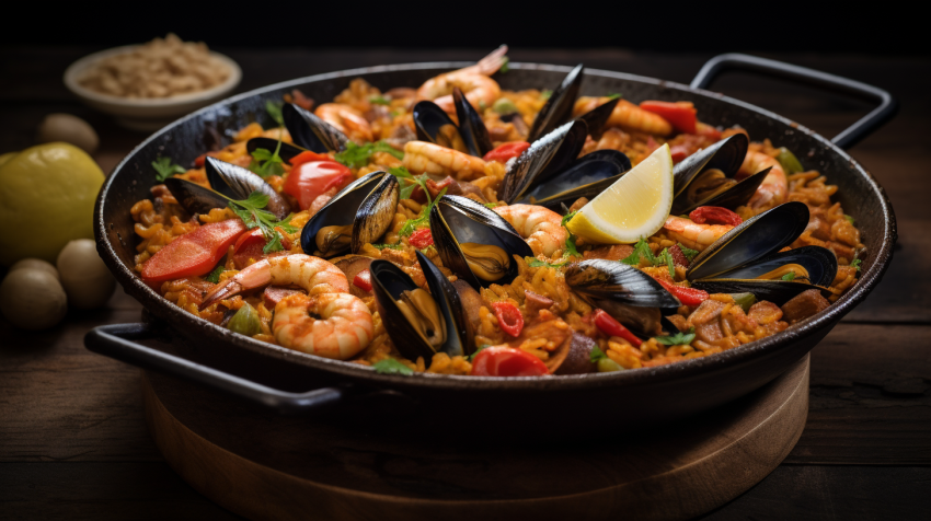 spanish paella with shrimp, mussels and chorizo